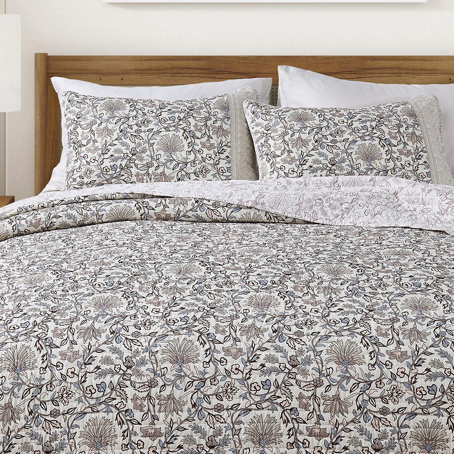 Linery Neutral Floral Reversible Quilt Set