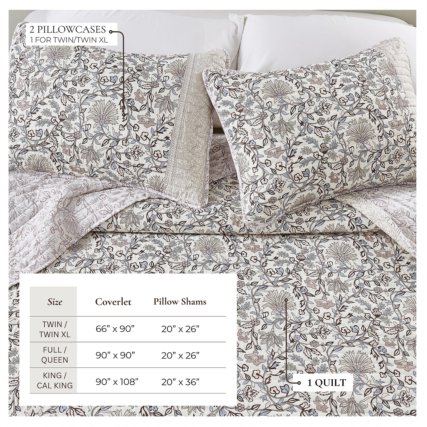 Linery Neutral Floral Reversible Quilt Set