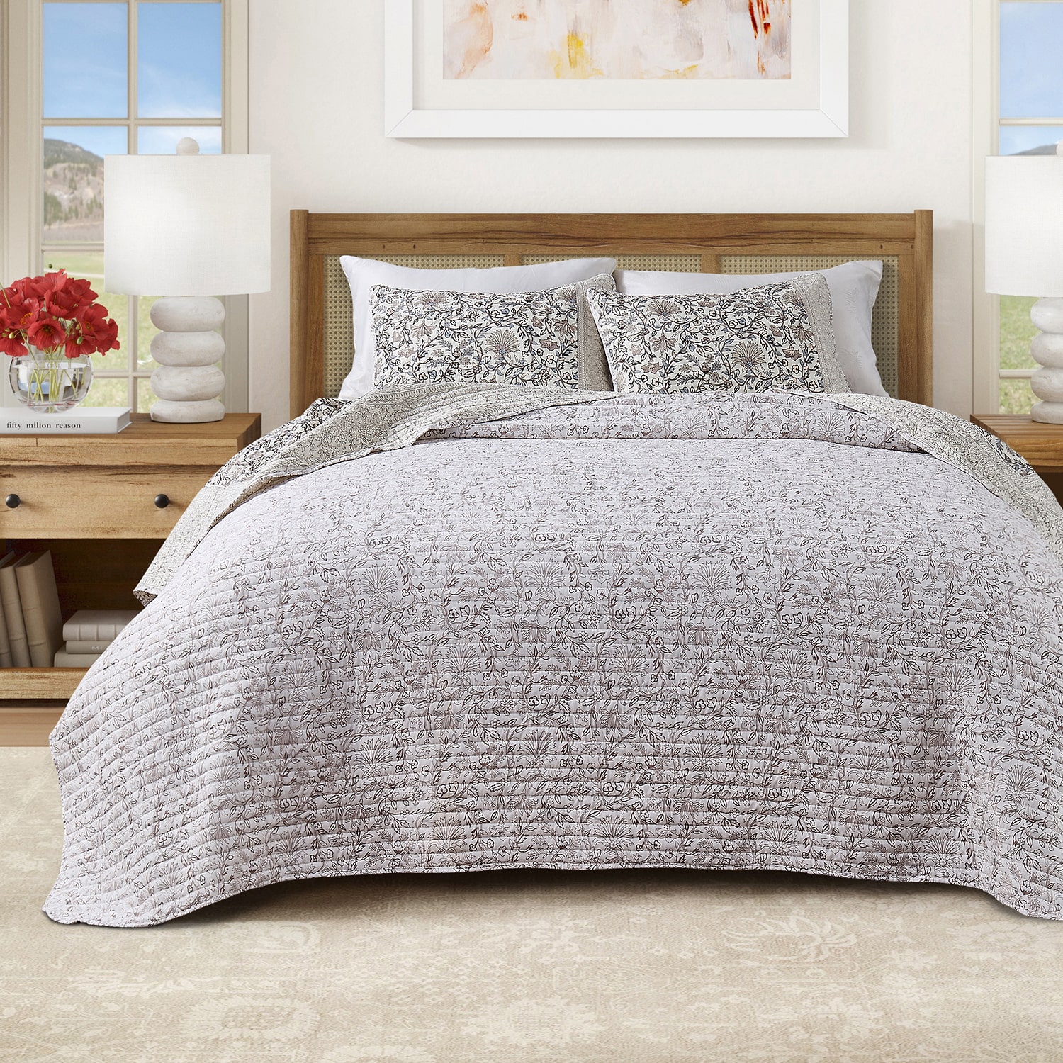 Linery Neutral Floral Reversible Quilt Set