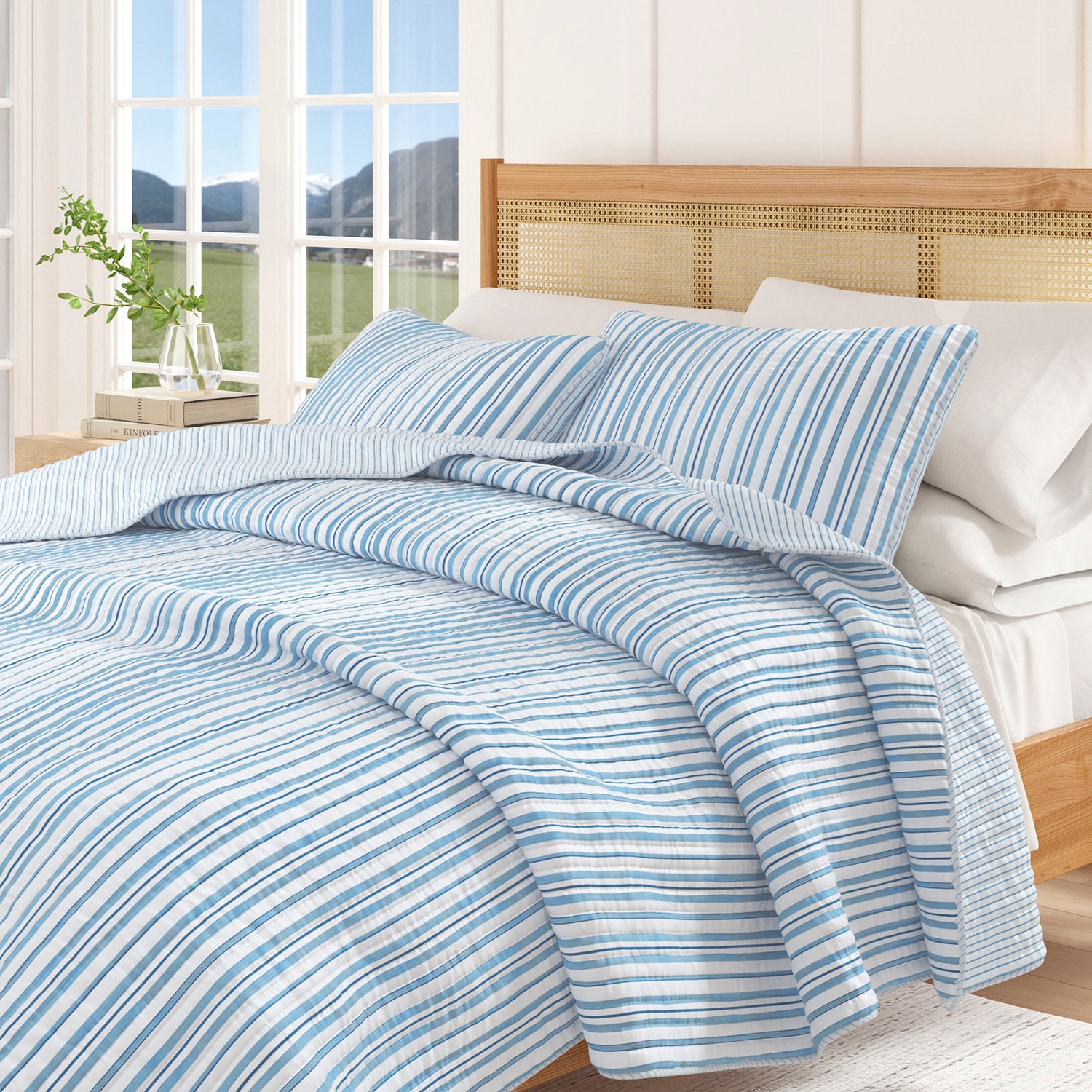 Linery Blue Striped Reversible Quilt Set