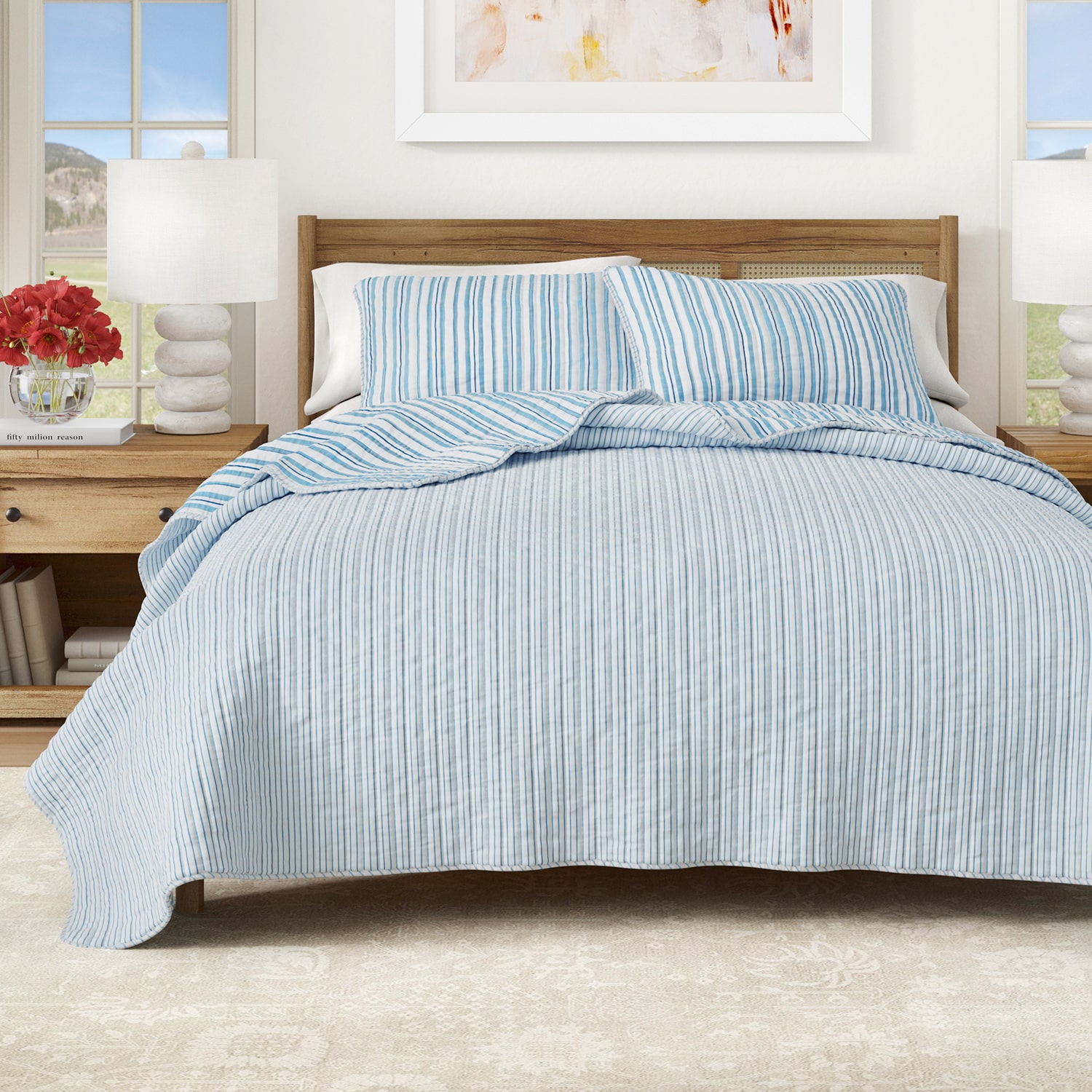 Linery Blue Striped Reversible Quilt Set