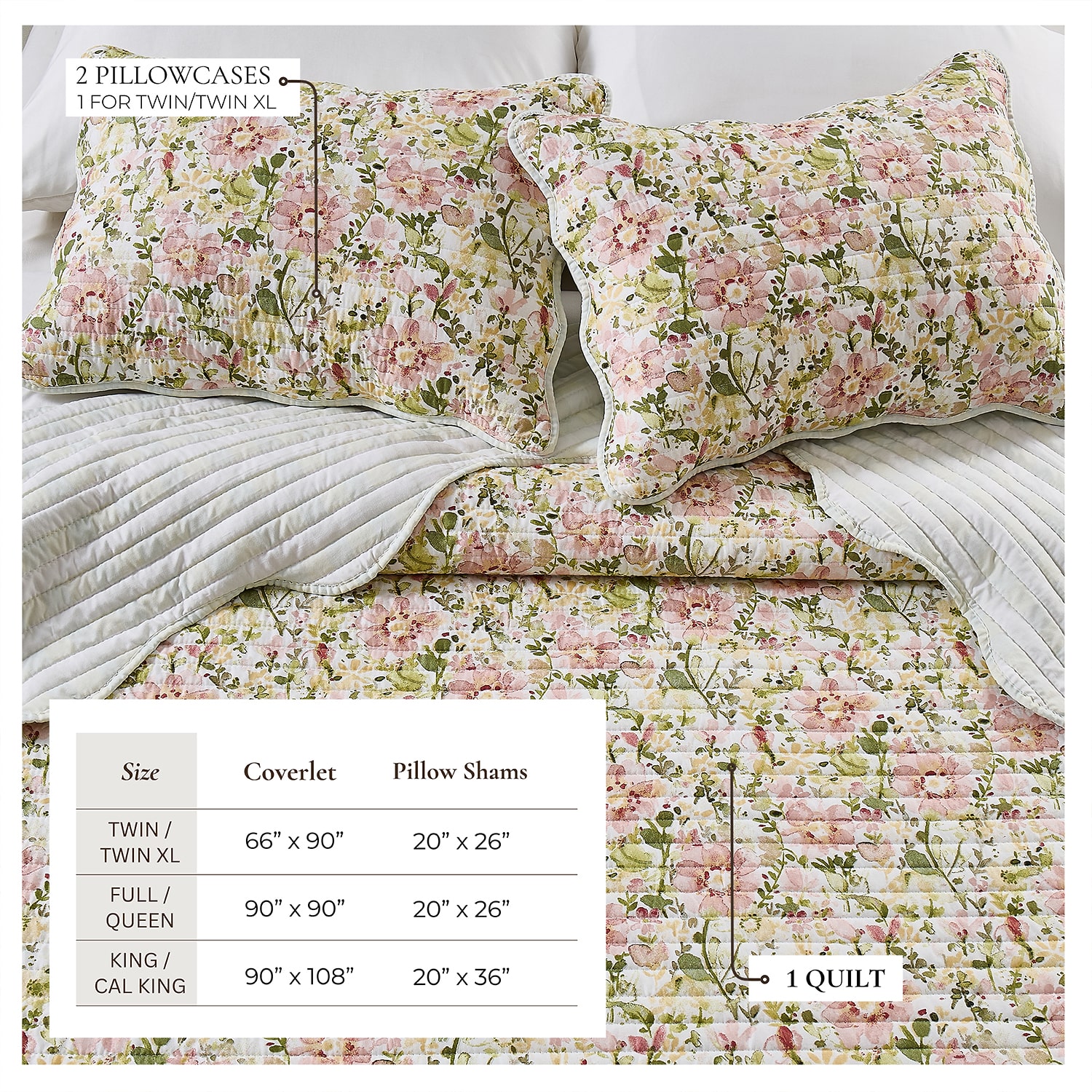 Linery Floral Bloom Scalloped Reversible Quilt Set
