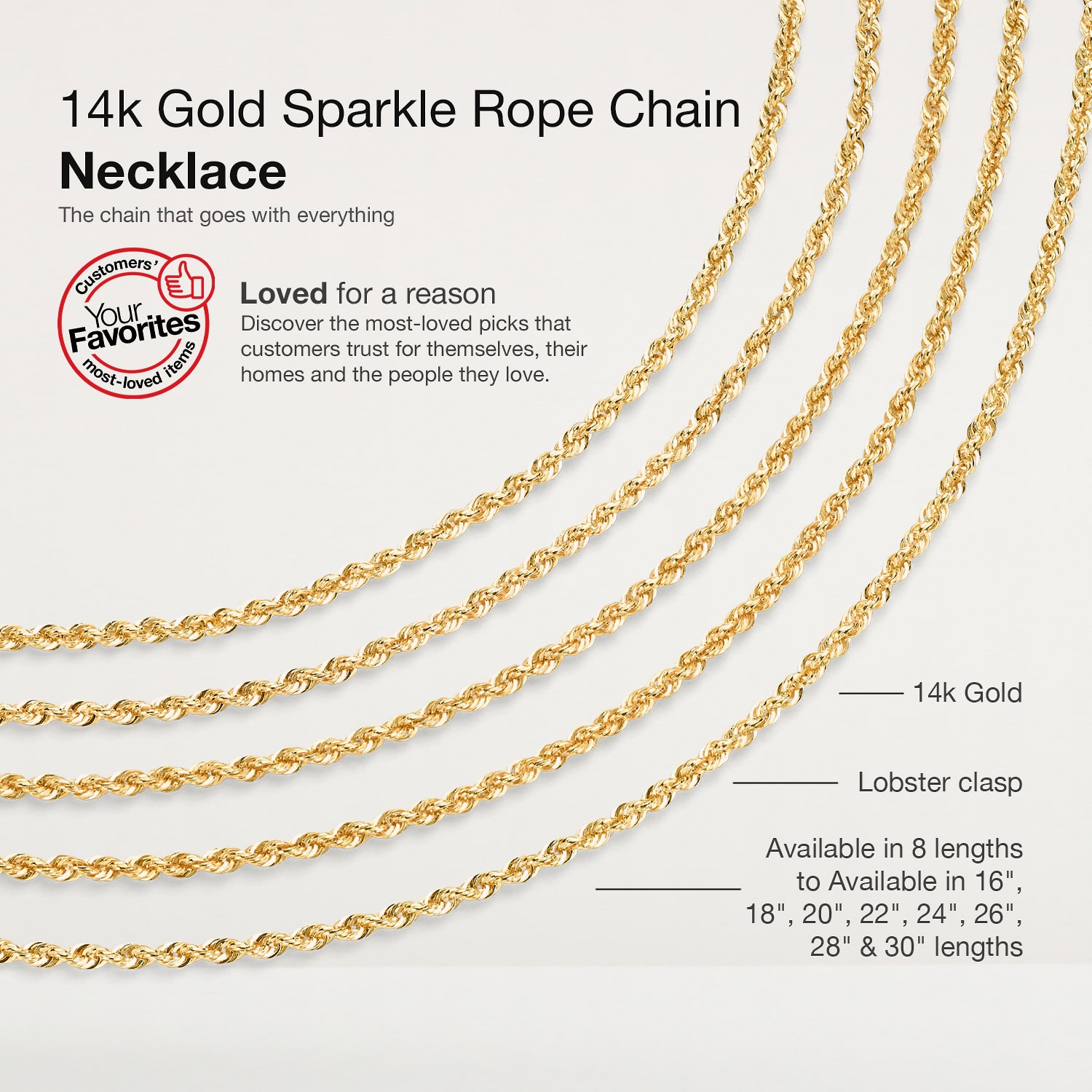 14K Gold 16 - 30 Inch Semi-Solid Sparkle Rope Chain Necklace