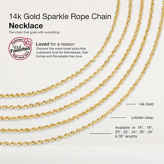 14K Gold 16 - 30 Inch Semi-Solid Sparkle Rope Chain Necklace