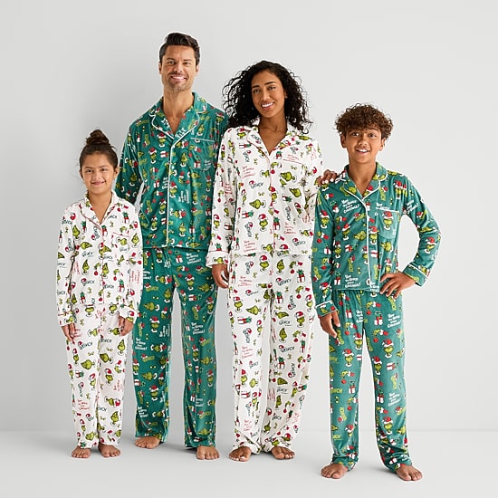 Womens Dr. Seuss Grinch Velour V-Neck Long Sleeve 2-pc. Matching Family Pajama Set