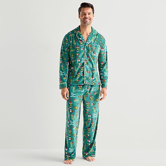 Mens Dr. Seuss Grinch Velour V-Neck Long Sleeve 2-pc. Matching Family Pajama Set