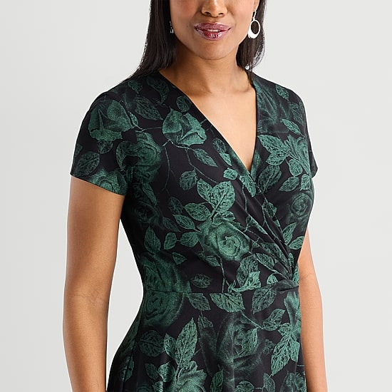 Perceptions Womens Midi V Neck Short Sleeve Floral Fit + Flare Dress