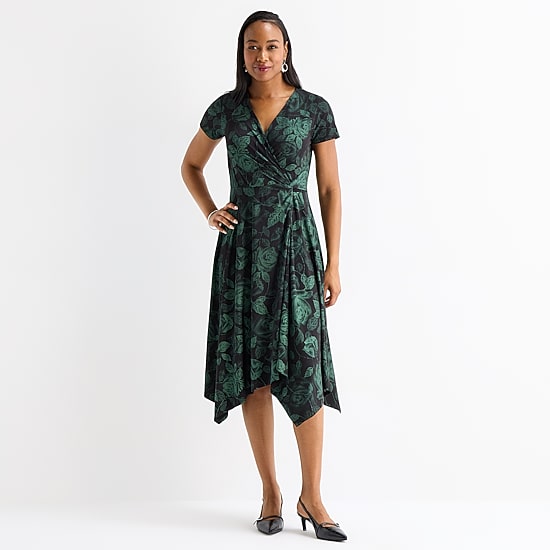 Perceptions Womens Midi V Neck Short Sleeve Floral Fit + Flare Dress