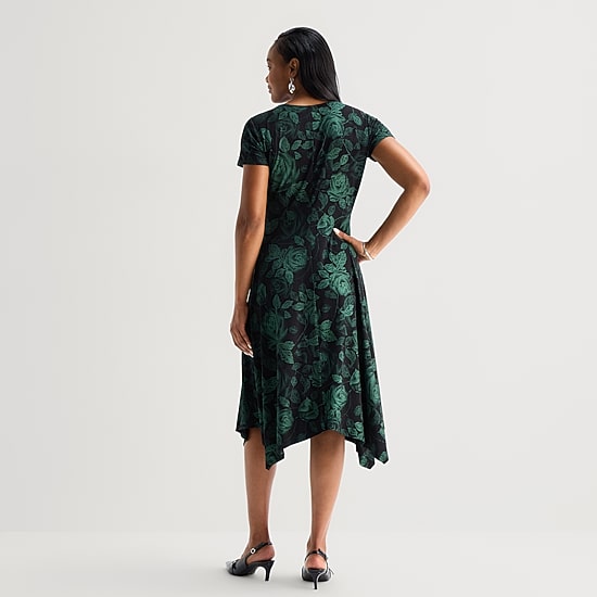 Perceptions Womens Midi V Neck Short Sleeve Floral Fit + Flare Dress
