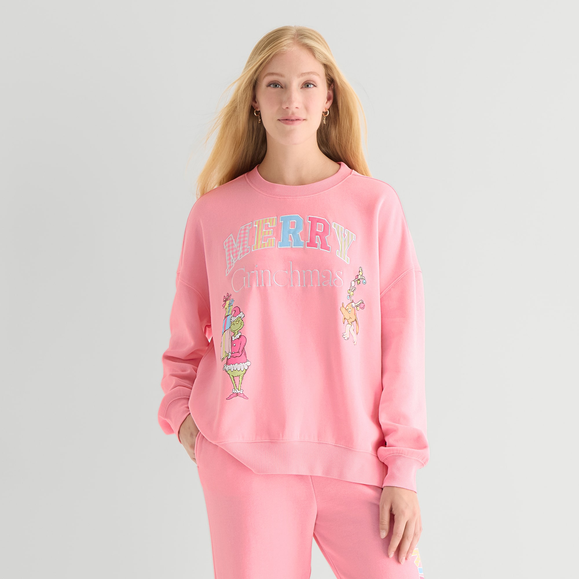 Womens Juniors Crew Neck Long Sleeve Grinch Sweatshirt