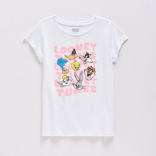Little & Big Kid Girls Round Neck Short Sleeve Regular Fit Looney Tunes Graphic T-Shirt, Small (7-8), White