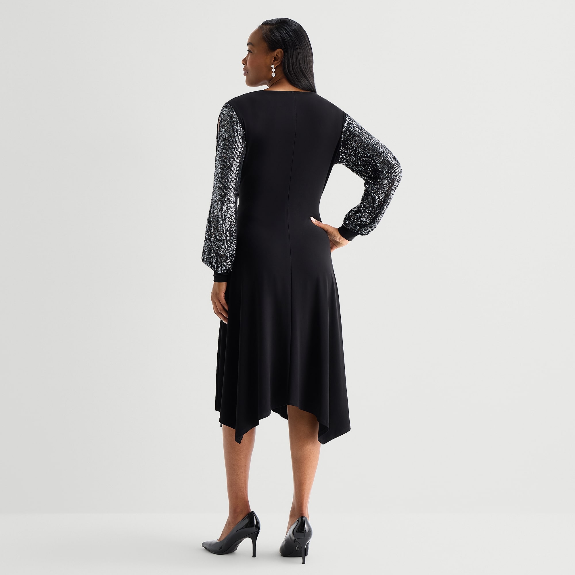 Perceptions Womens Midi V Neck Long Sleeve Split Fit + Flare Dress