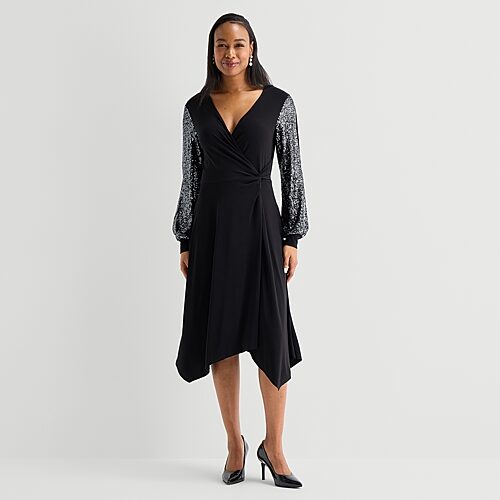 Perceptions Womens Midi V Neck Long Sleeve Split Fit + Flare Dress In Black