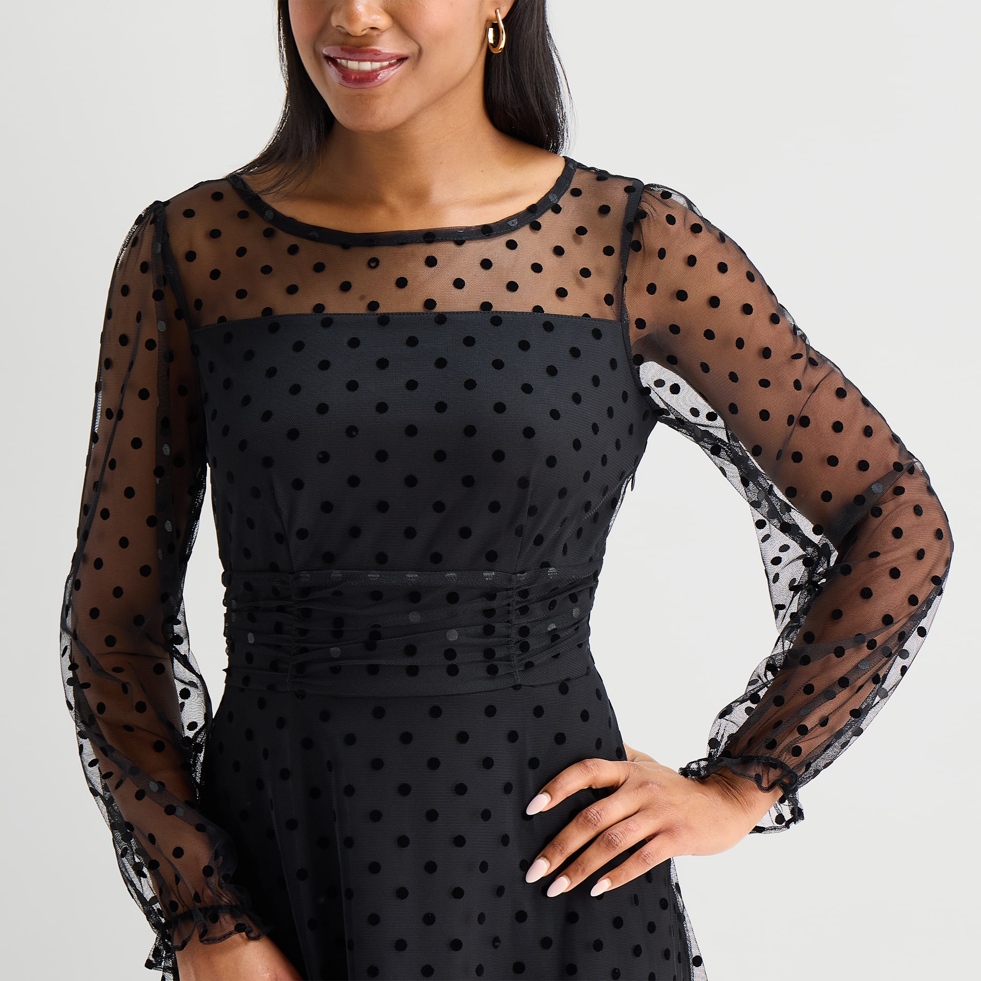 Perceptions Womens Round Neck Long Sleeve Bishop Polka Dot Fit + Flare Dress