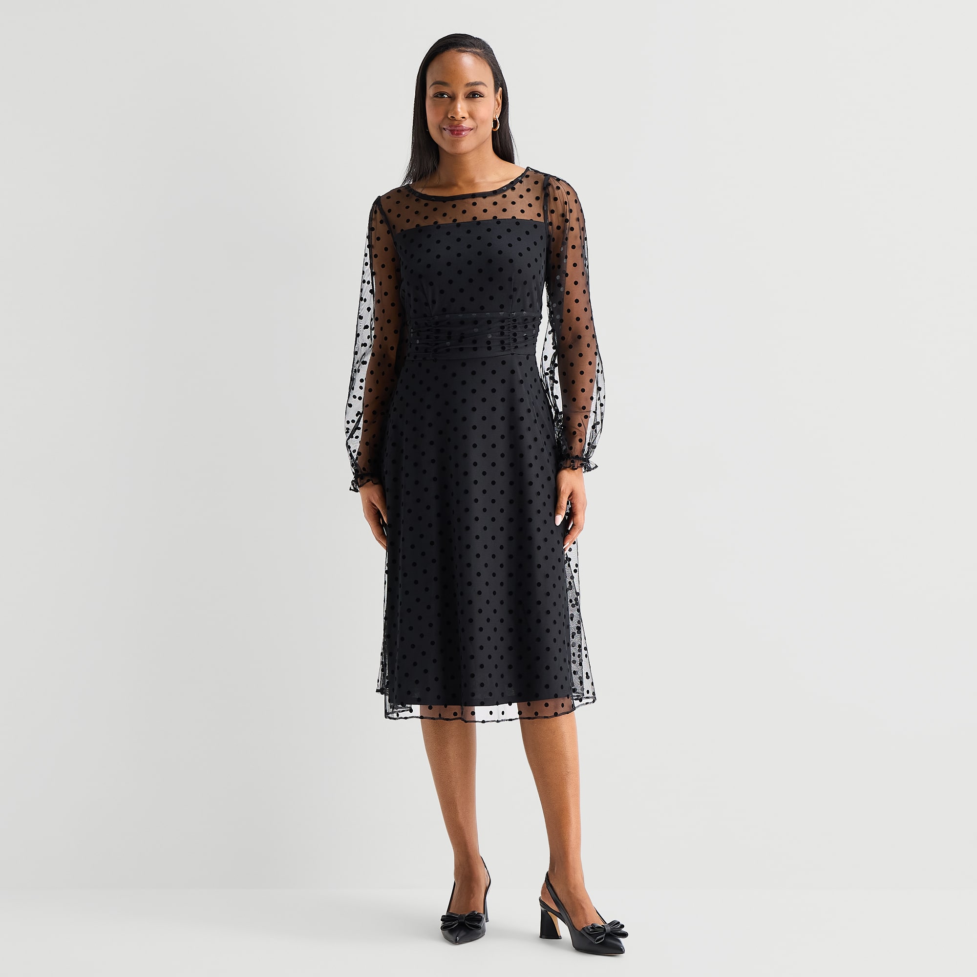 Perceptions Womens Round Neck Long Sleeve Bishop Polka Dot Fit + Flare Dress