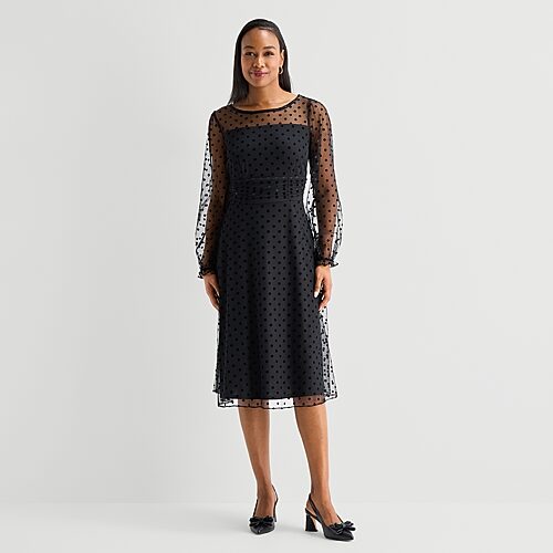Perceptions Womens Round Neck Long Sleeve Bishop Polka Dot Fit + Flare Dress In Black