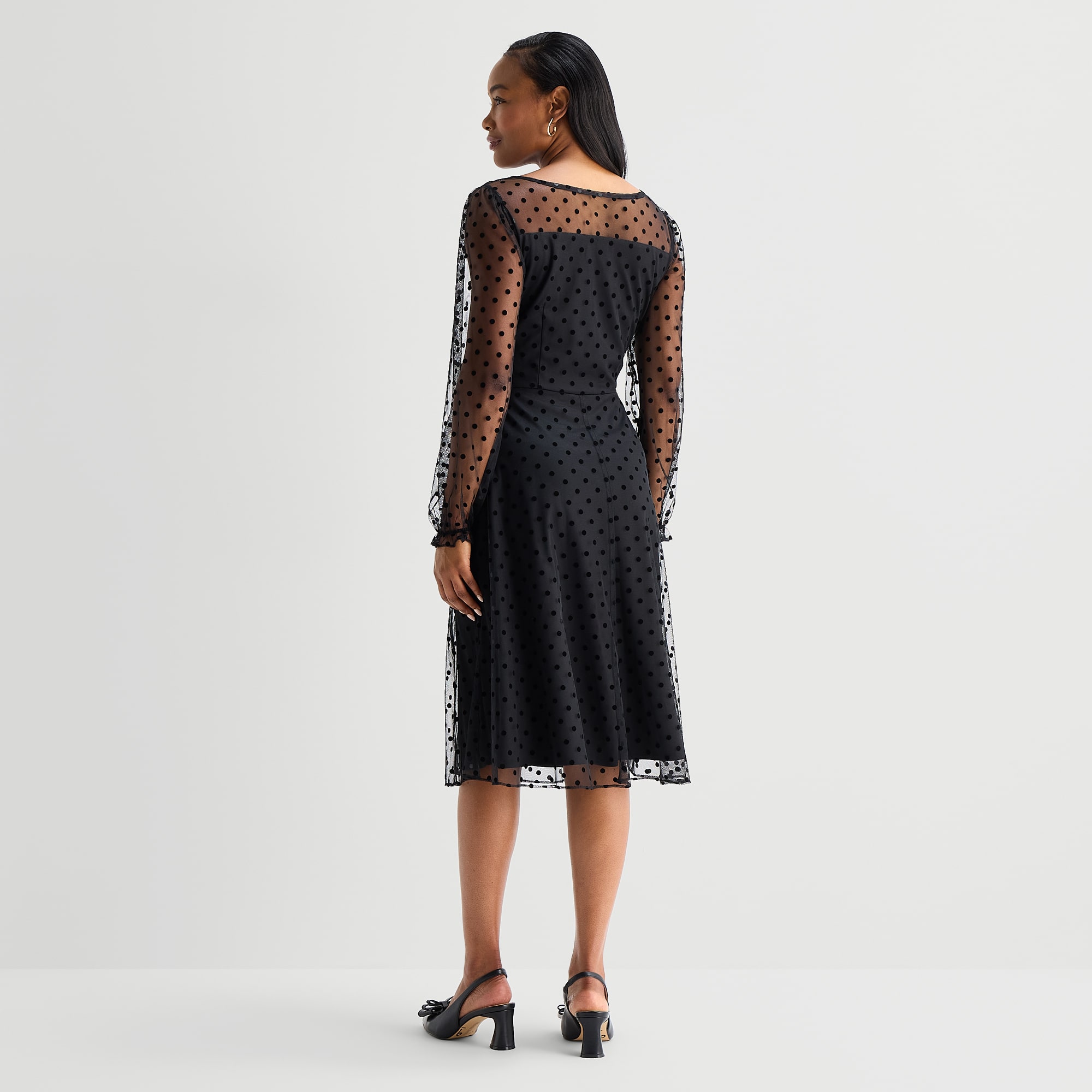 Perceptions Womens Round Neck Long Sleeve Bishop Polka Dot Fit + Flare Dress
