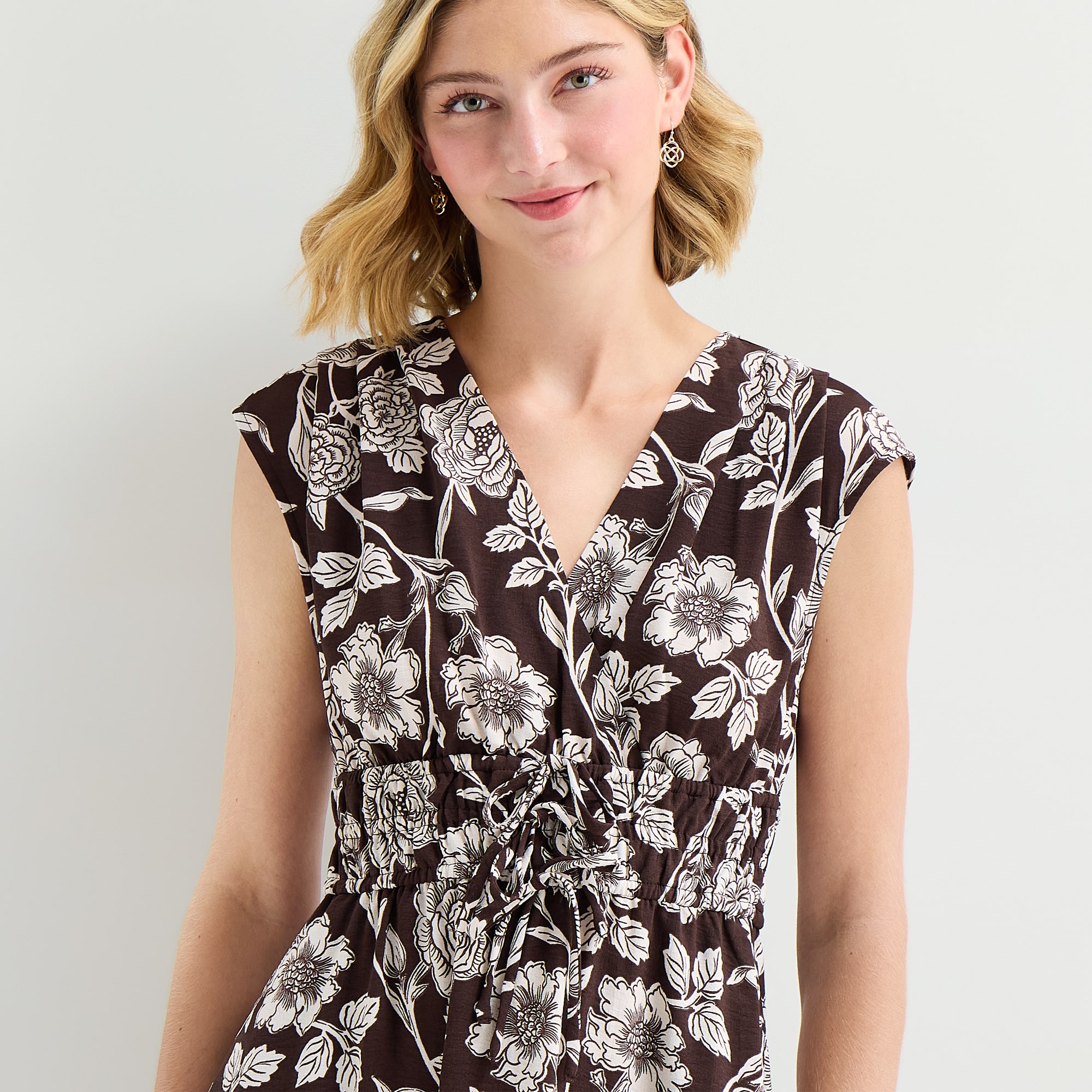 RUBY + REMI Womens V Neck Sleeveless Drop Shoulder Floral Fit Flare Dress
