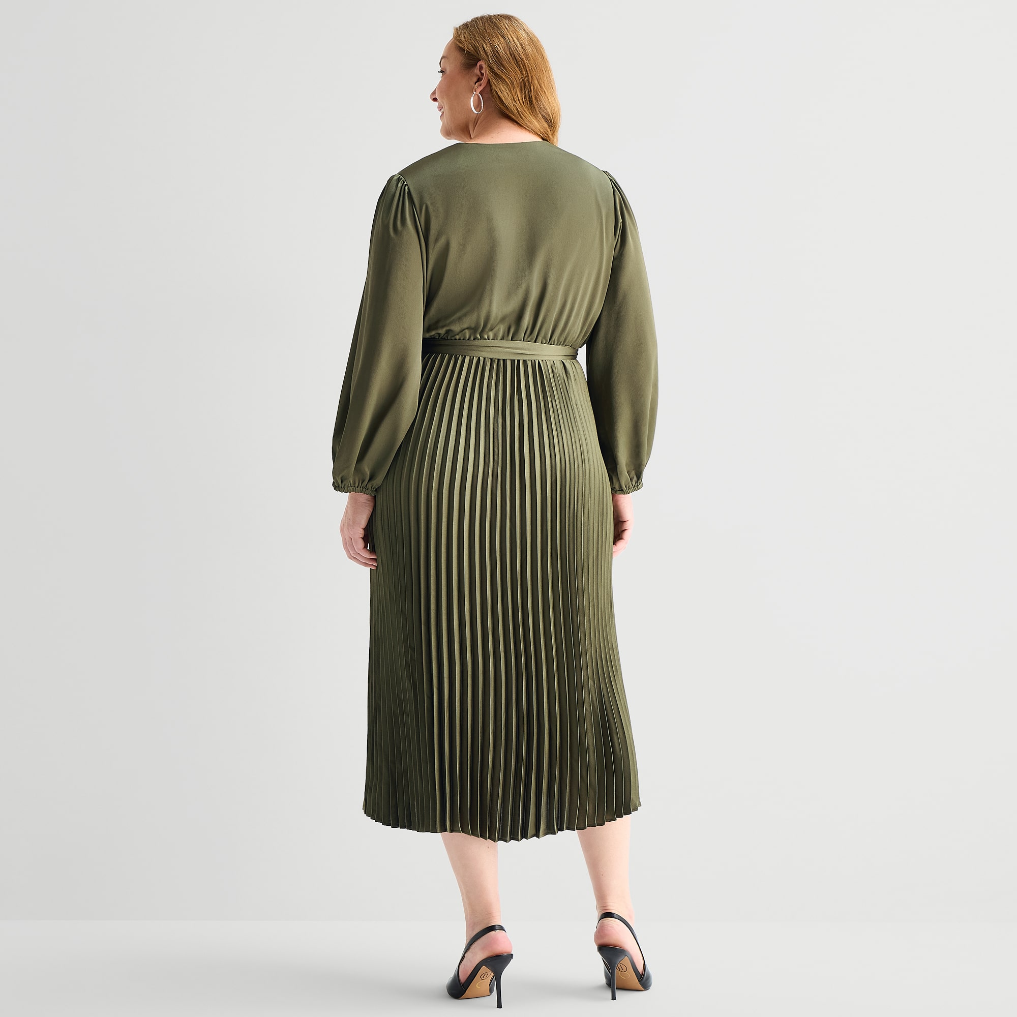 Studio 1 Womens Plus Midi Round Neck Long Sleeve Bishop Fit + Flare Dress