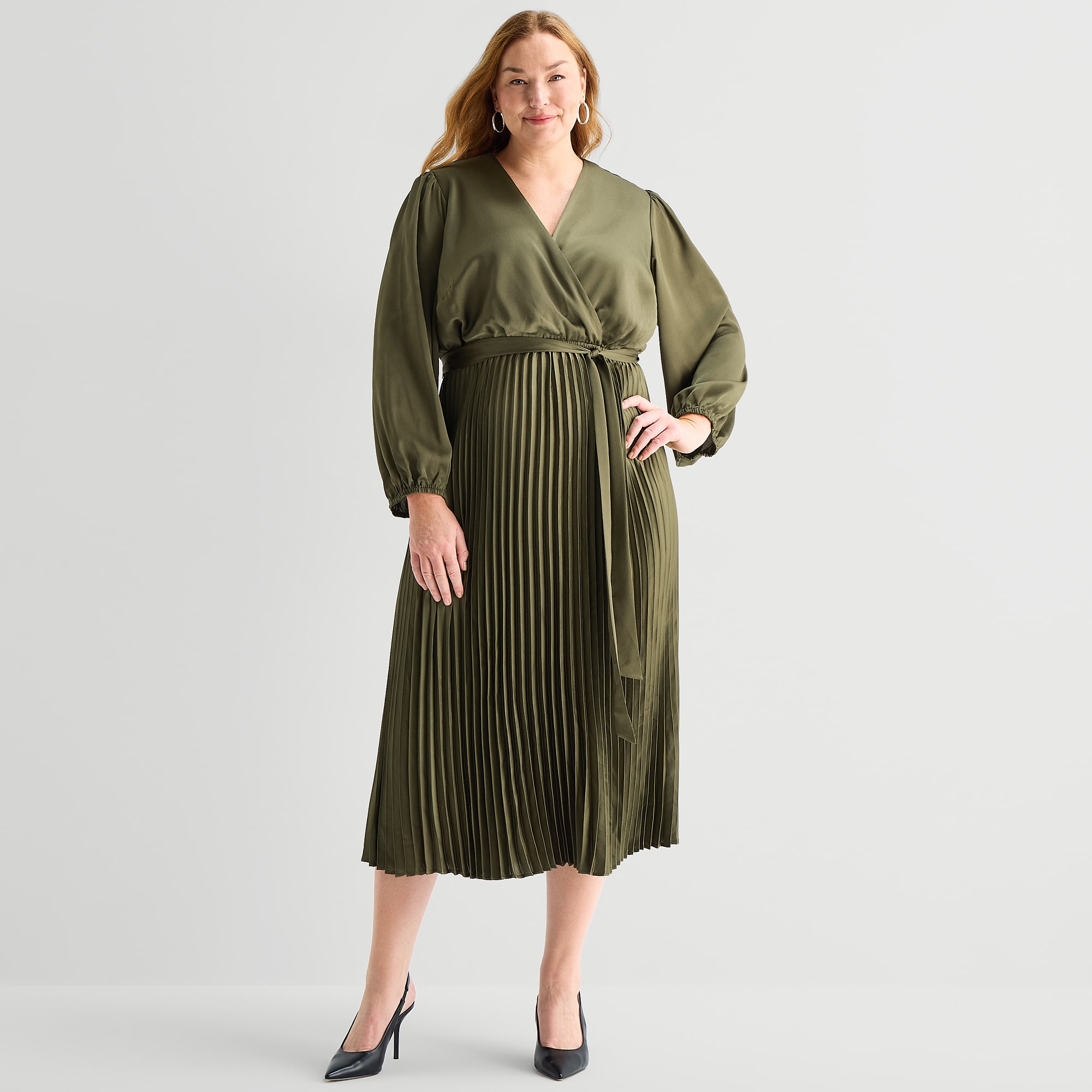 Studio 1 Womens Plus Midi Round Neck Long Sleeve Bishop Fit + Flare Dress