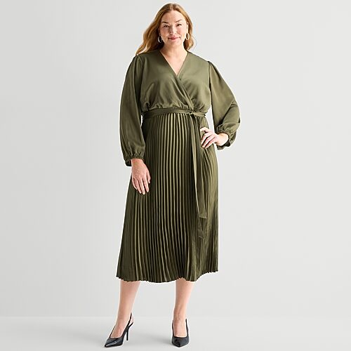 Studio 1 Womens Plus Midi Round Neck Long Sleeve Bishop Fit + Flare Dress In Green