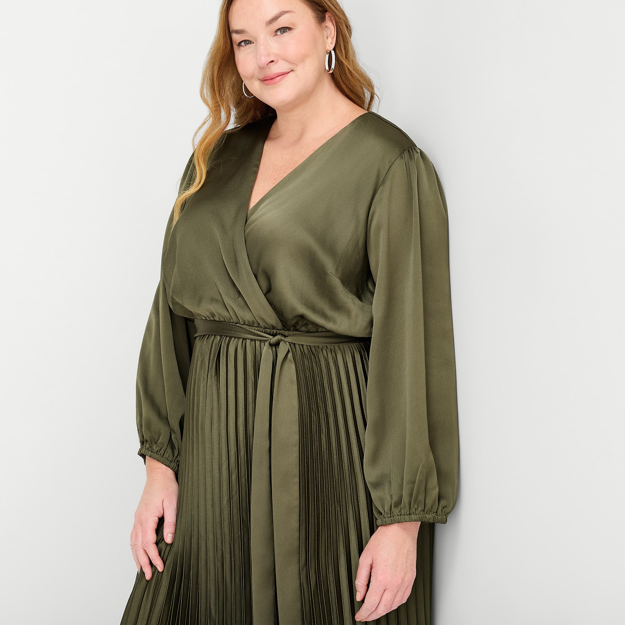 Studio 1 Womens Plus Midi Round Neck Long Sleeve Bishop Fit + Flare Dress