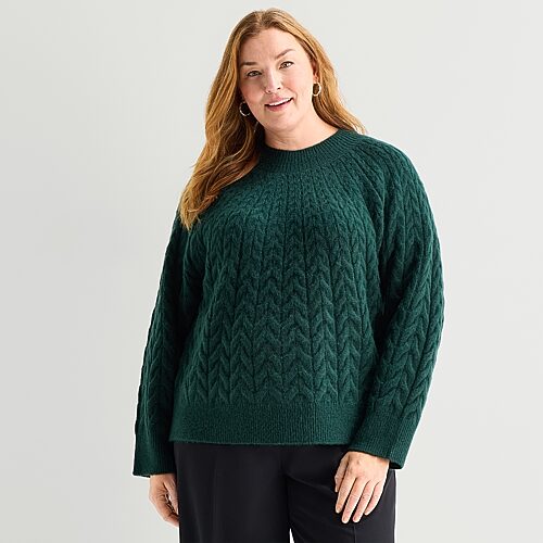 Liz Claiborne Plus Womens Mock Neck Long Sleeve Cable Knit Pullover Sweater In Green