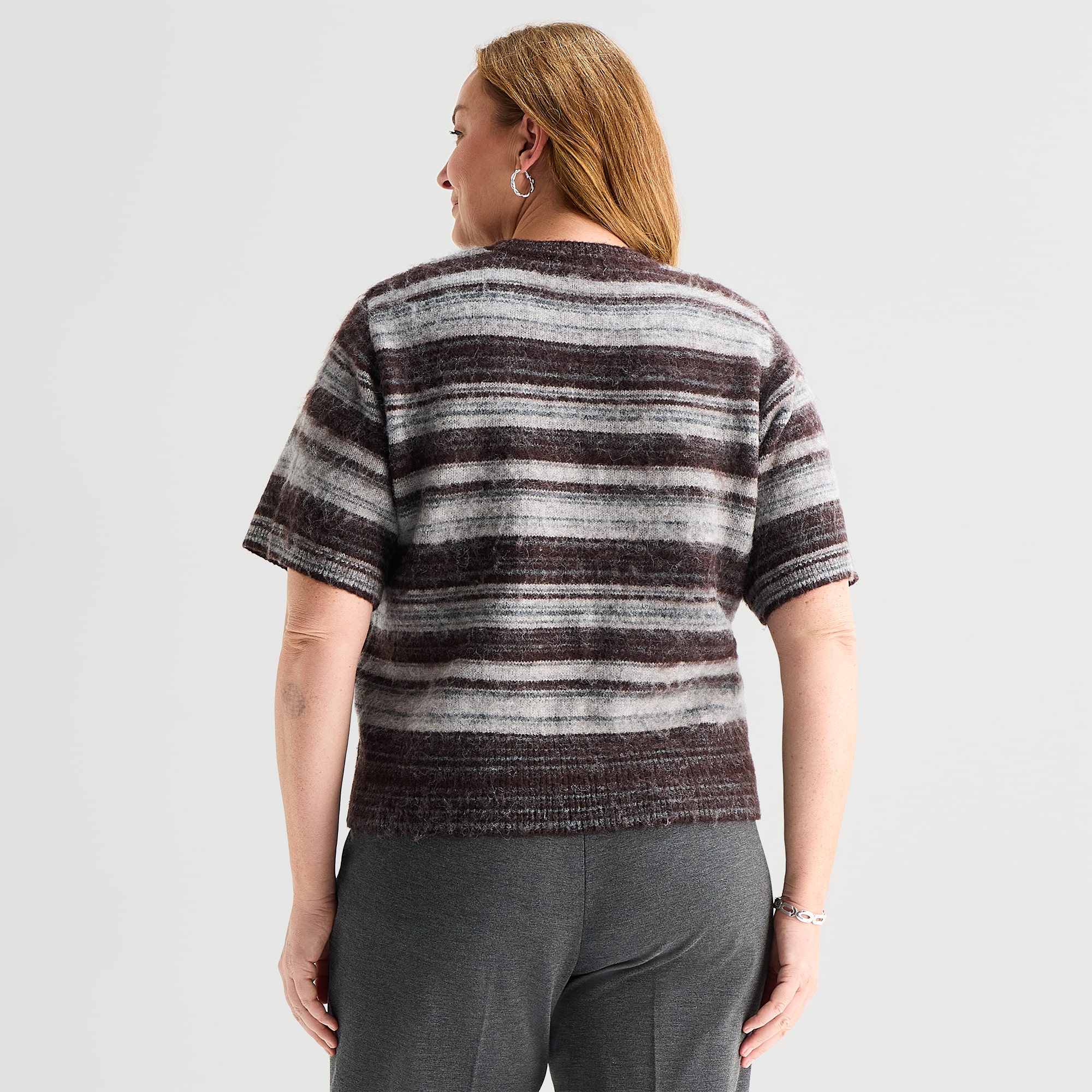 Liz Claiborne Plus Womens Crew Neck Short Sleeve Striped Pullover Sweater