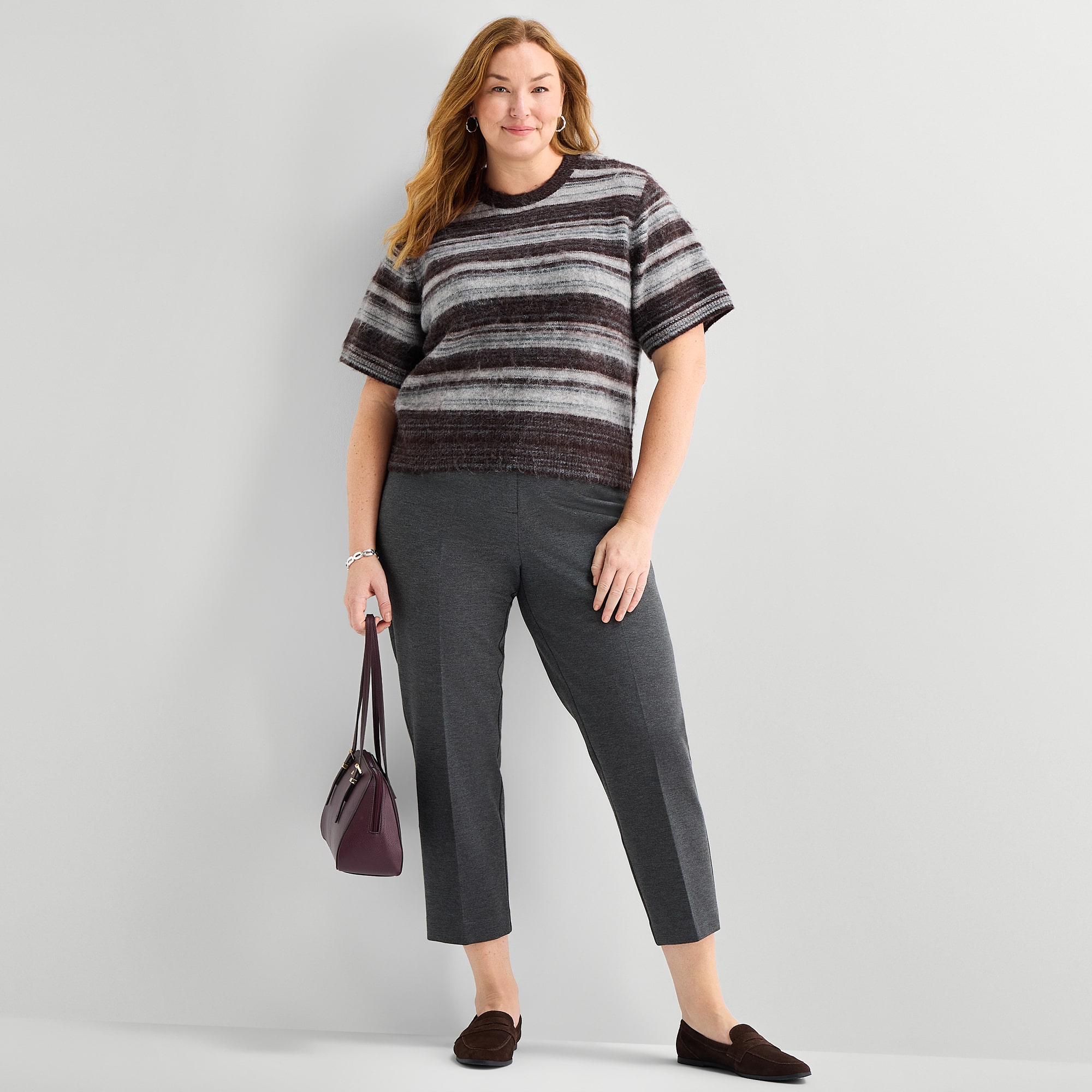 Liz Claiborne Plus Womens Crew Neck Short Sleeve Striped Pullover Sweater