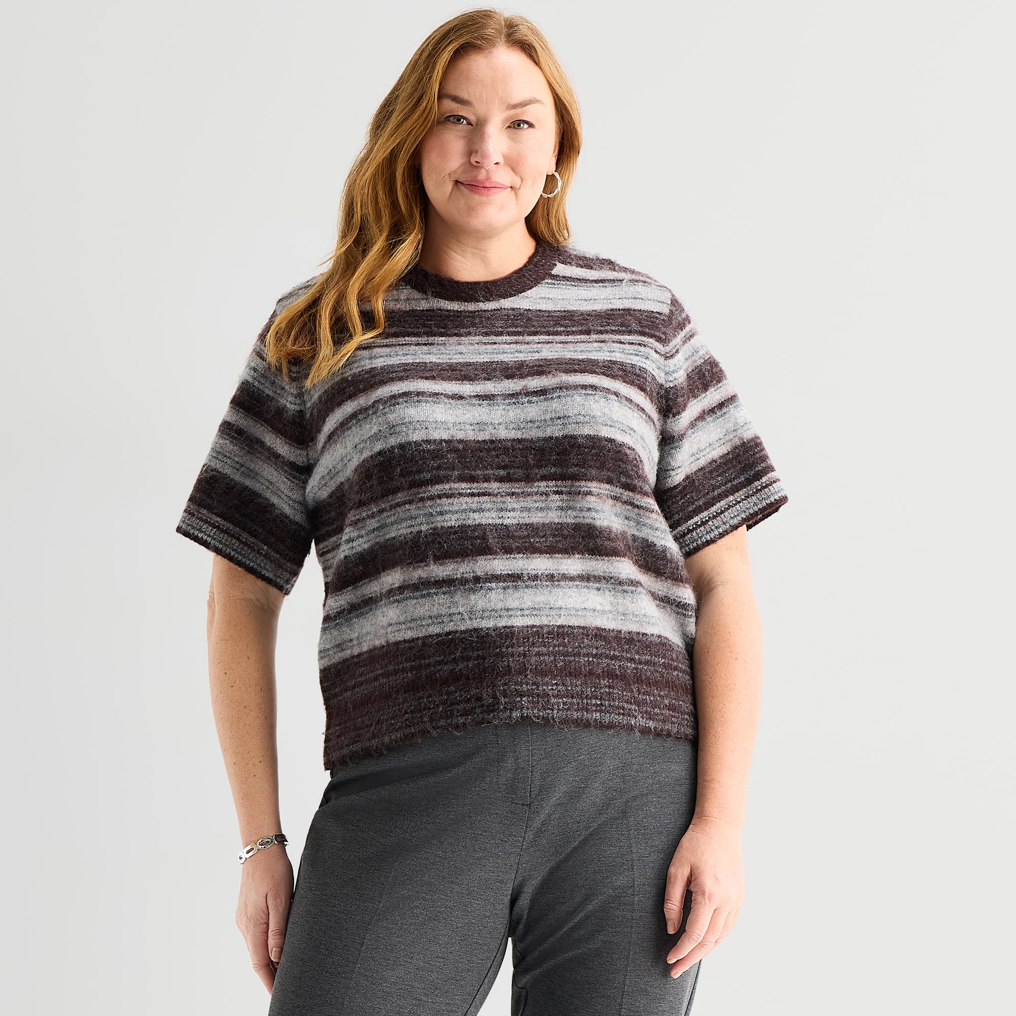 Liz Claiborne Plus Womens Crew Neck Short Sleeve Striped Pullover Sweater