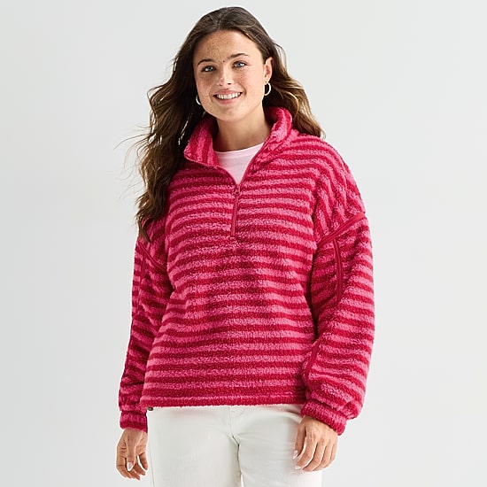 North Pole Trading Co. Womens Juniors Mock Neck Long Sleeve Sherpa Sweatshirt