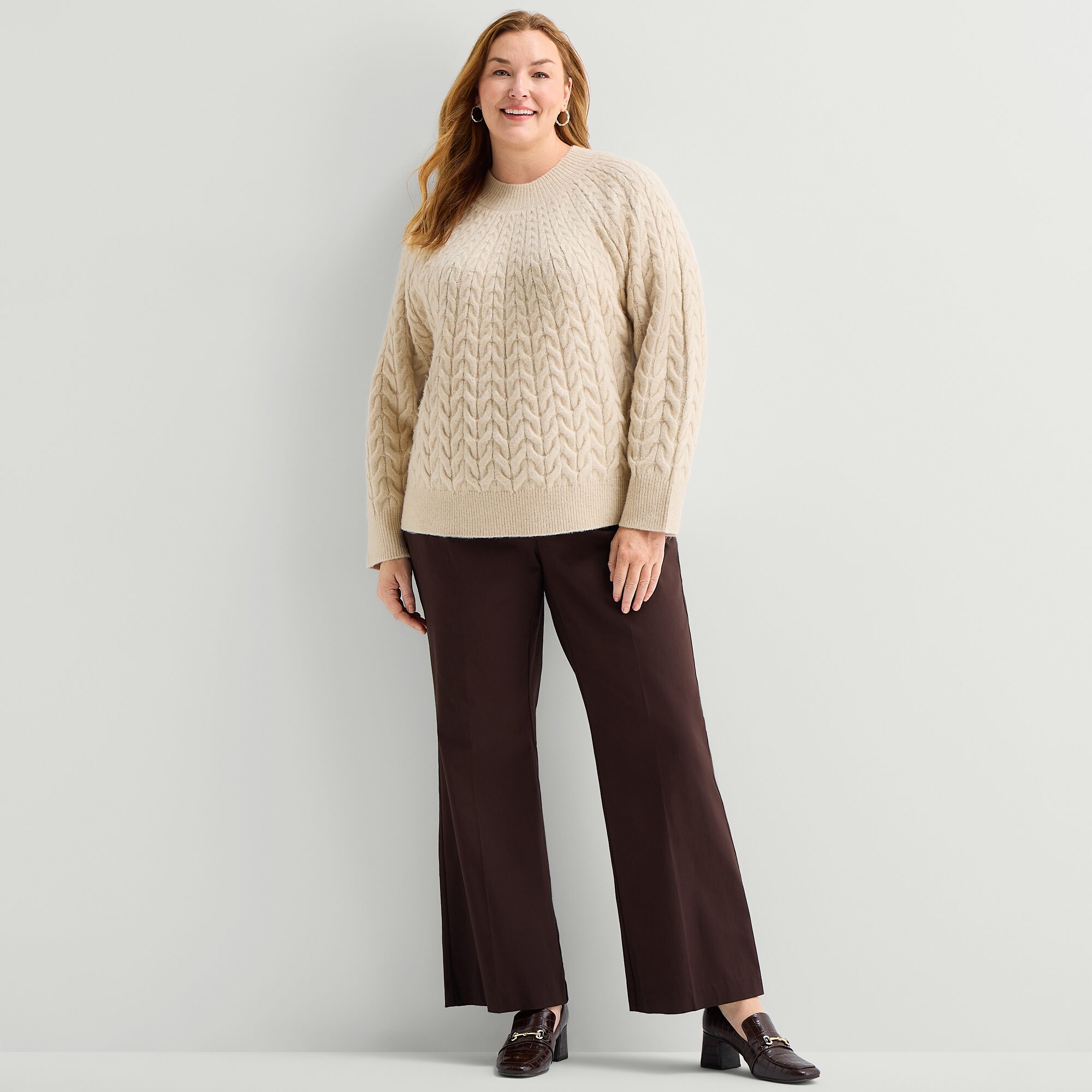Liz Claiborne Plus Womens Mock Neck Long Sleeve Cable Knit Pullover Sweater