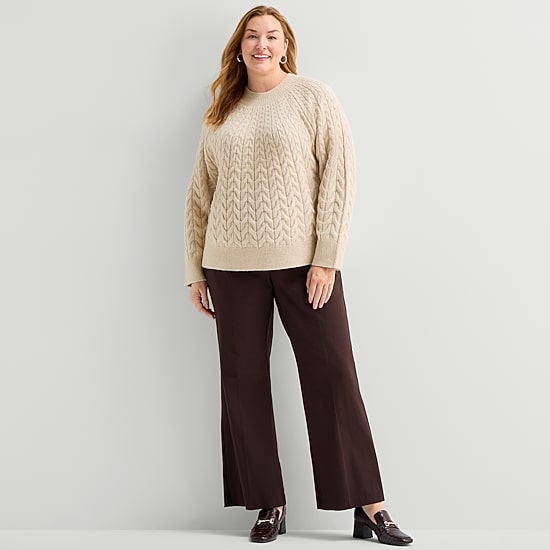 Liz Claiborne Plus Womens Mock Neck Long Sleeve Cable Knit Pullover Sweater
