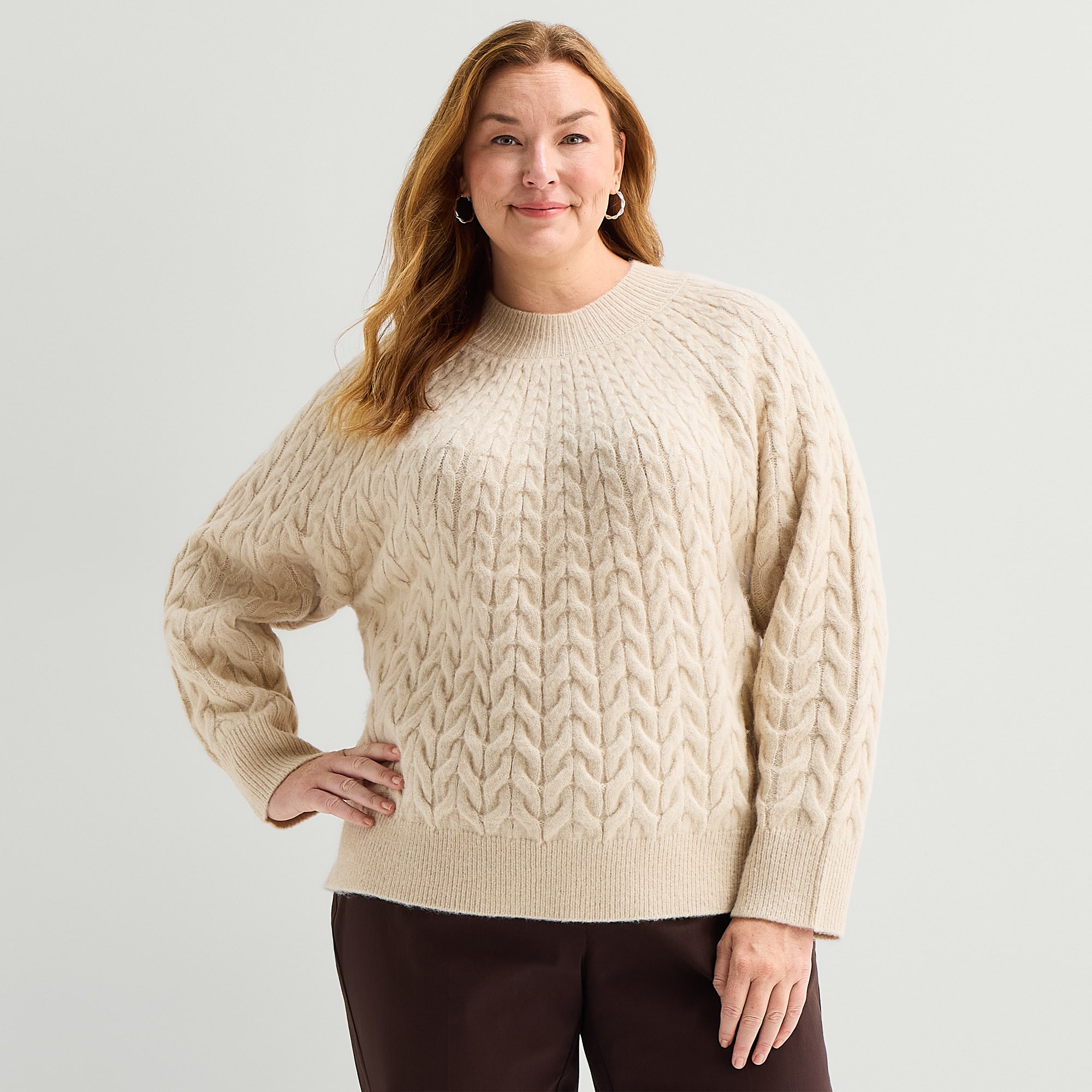 Liz Claiborne Plus Womens Mock Neck Long Sleeve Cable Knit Pullover Sweater
