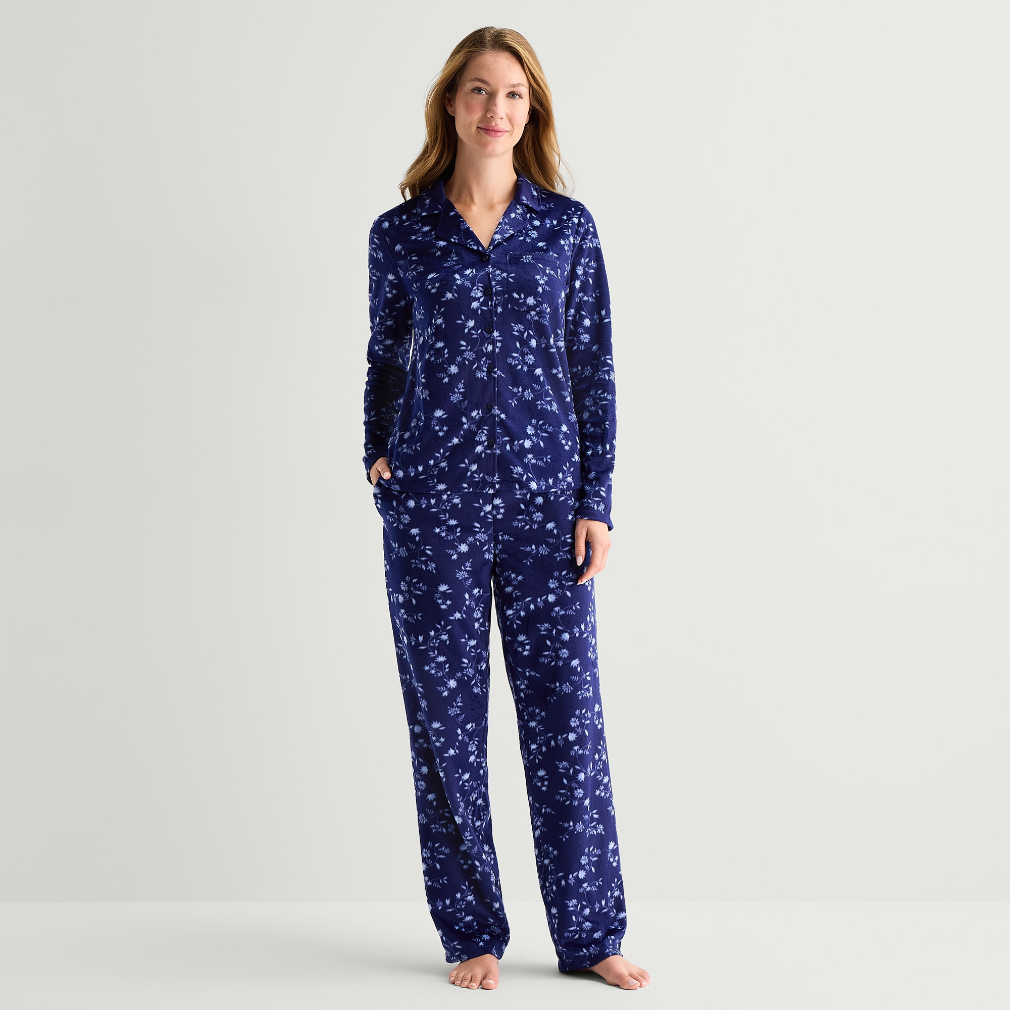 Adonna Womens Fleece Long Sleeve 2-pc. Pajama Set