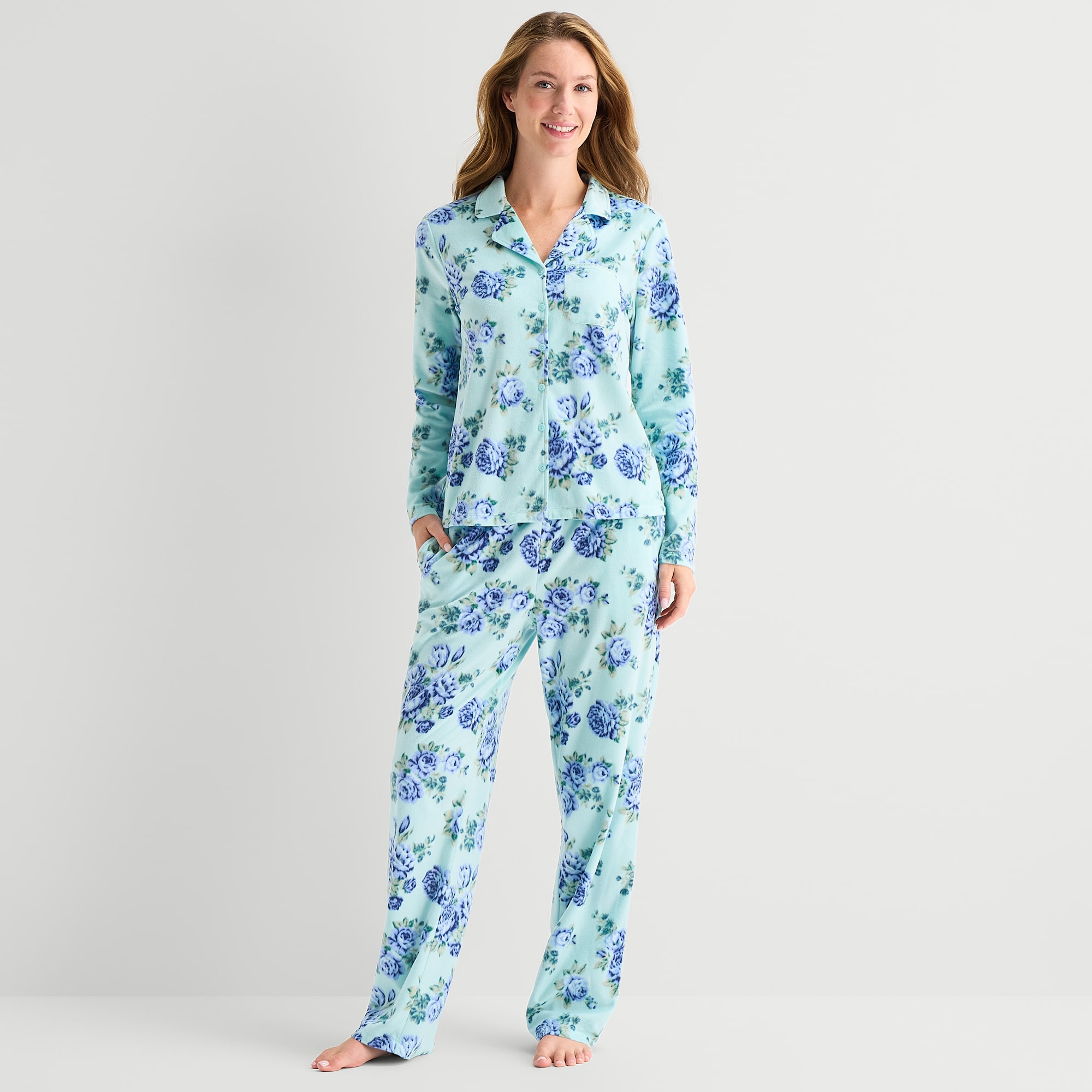 Adonna Womens Fleece Long Sleeve 2-pc. Pajama Set