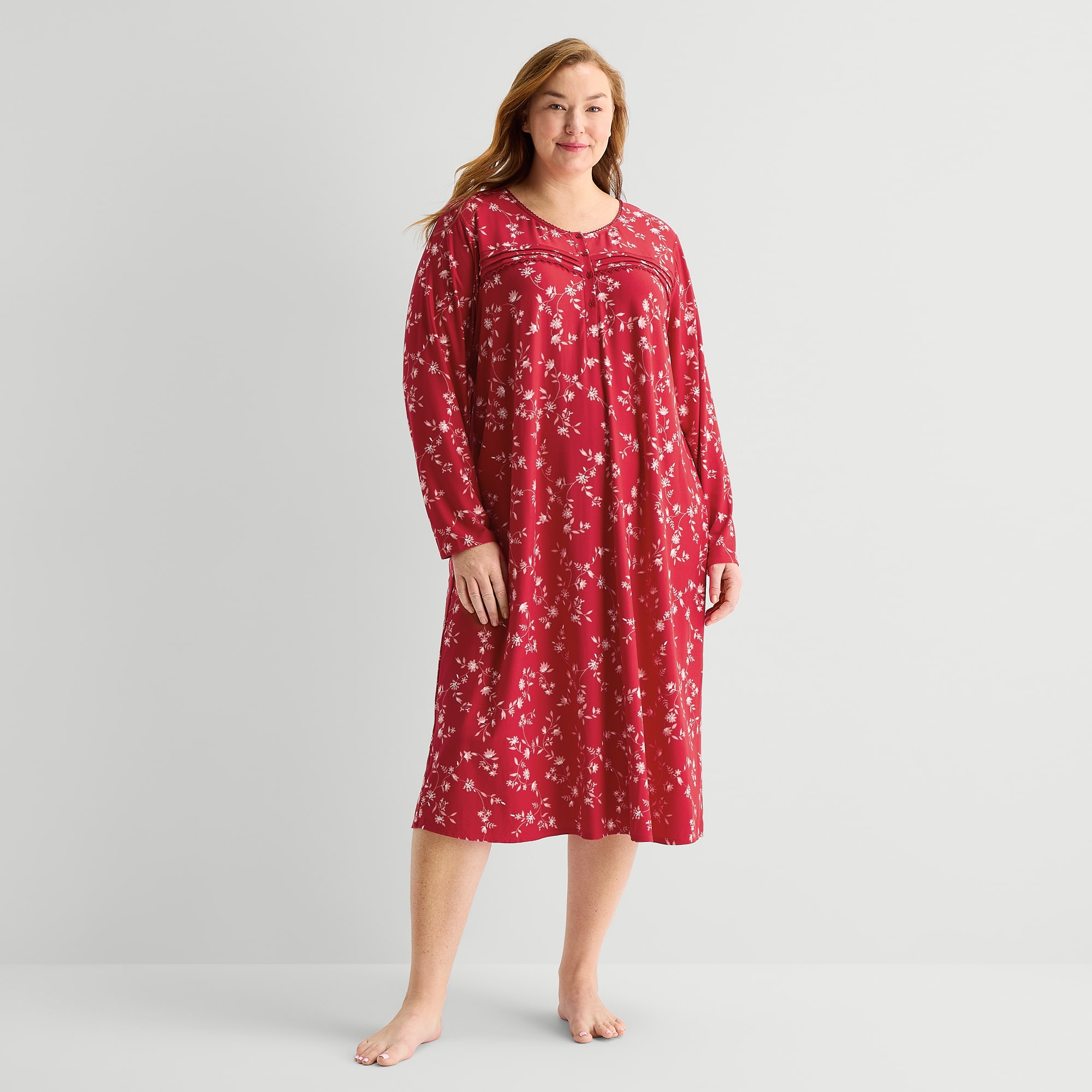 Adonna Womens Plus Long Sleeve Scoop Neck Nightgown