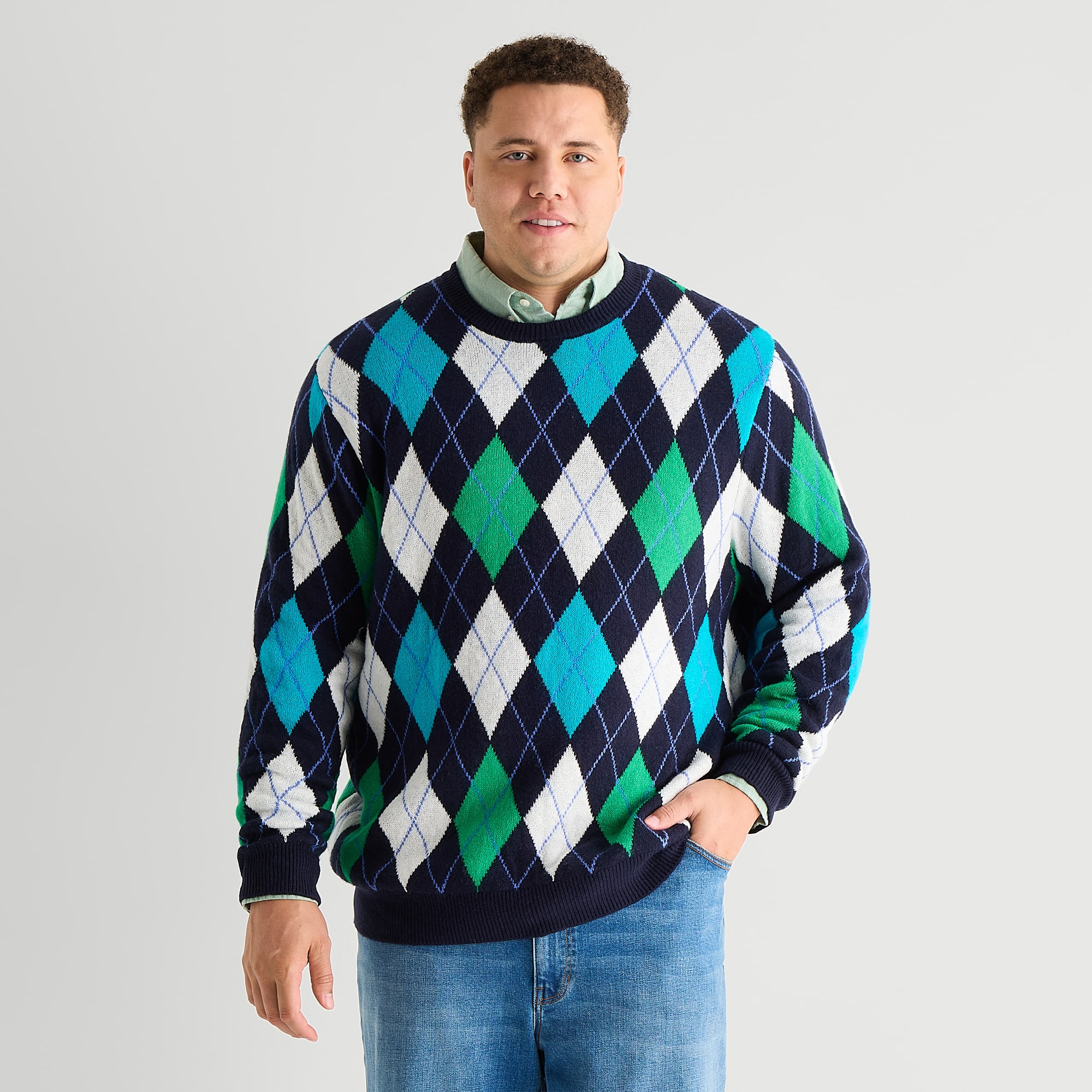 North Pole Trading Co. Big and Tall Mens Crew Neck Long Sleeve Argyle Pullover Sweater