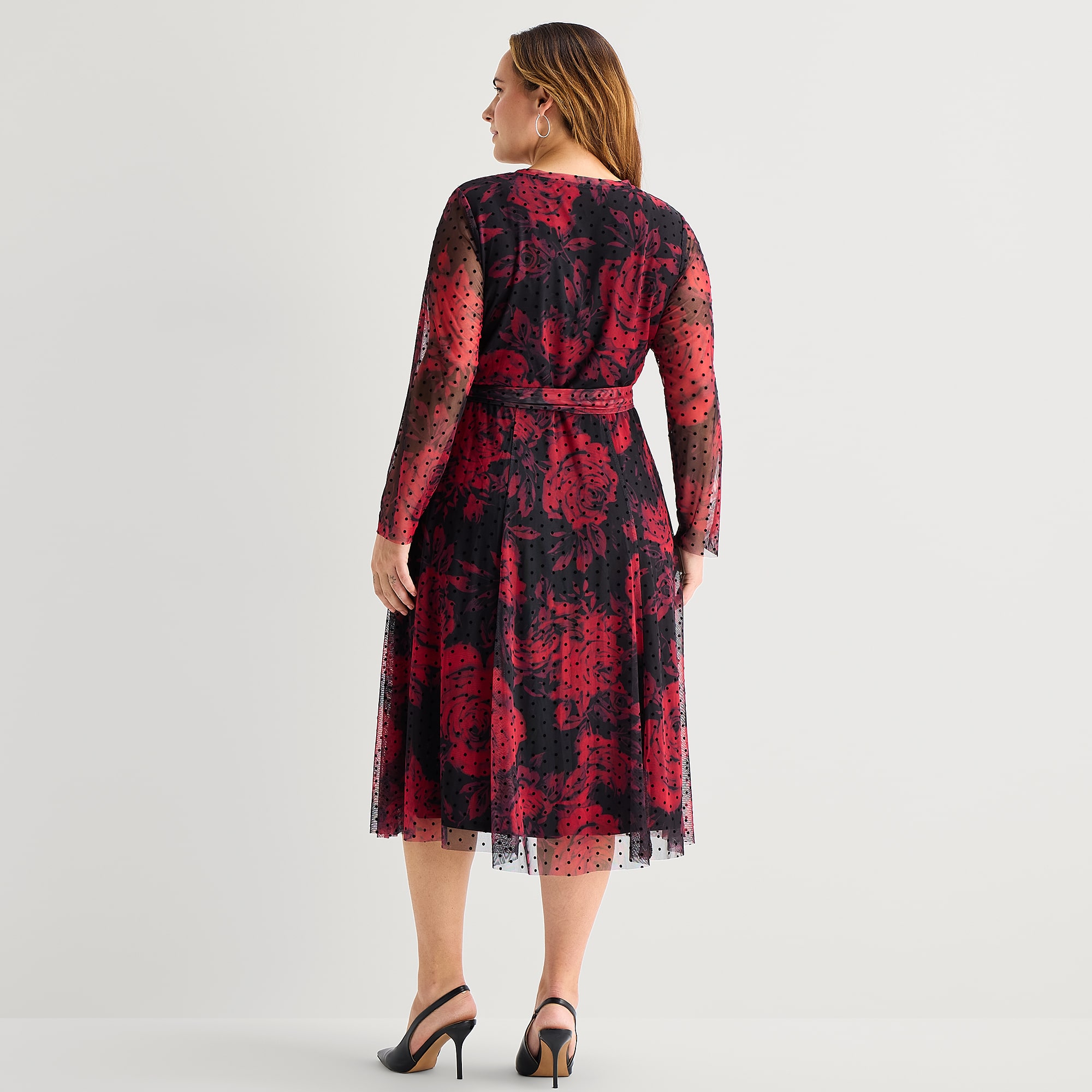 Sandra Darren Womens Plus Midi Round Neck Long Sleeve Fitted Floral Fit + Flare Dress