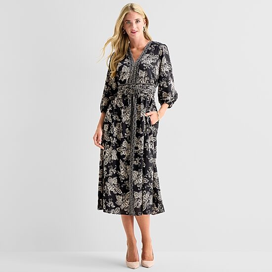 Sandra Darren Womens Midi V Neck Long Sleeve Balloon Floral Fit + Flare Dress
