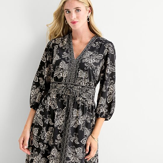 Sandra Darren Womens Midi V Neck Long Sleeve Balloon Floral Fit + Flare Dress