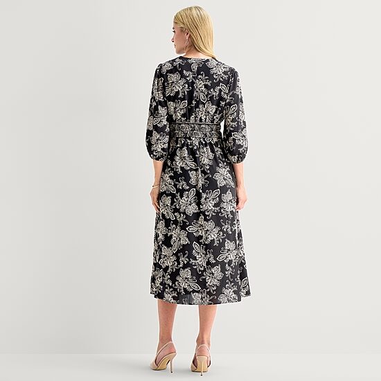 Sandra Darren Womens Midi V Neck Long Sleeve Balloon Floral Fit + Flare Dress