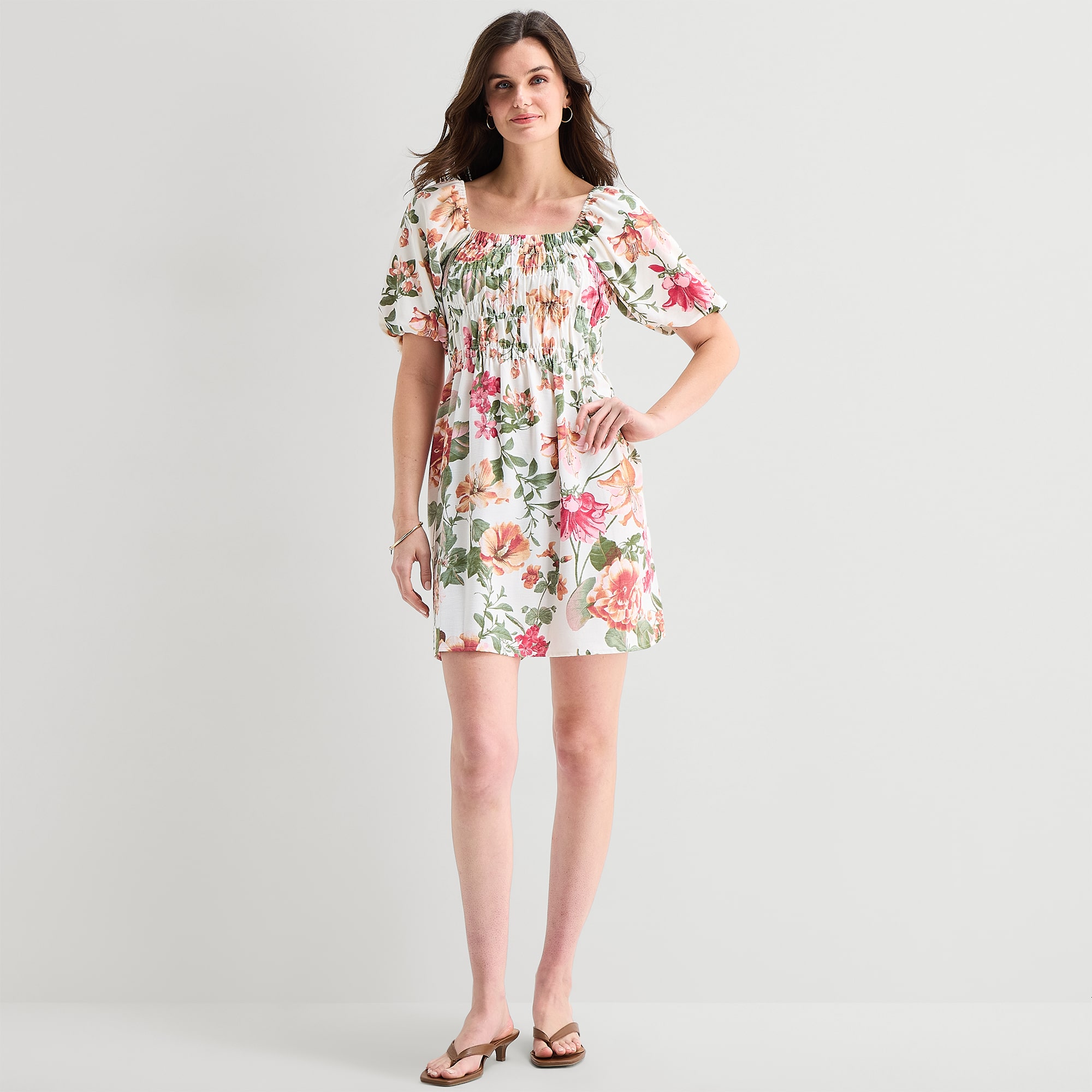 Be by CHETTA B Womens Square Neck Short Sleeve Puffed Floral Fit + Flare Dress