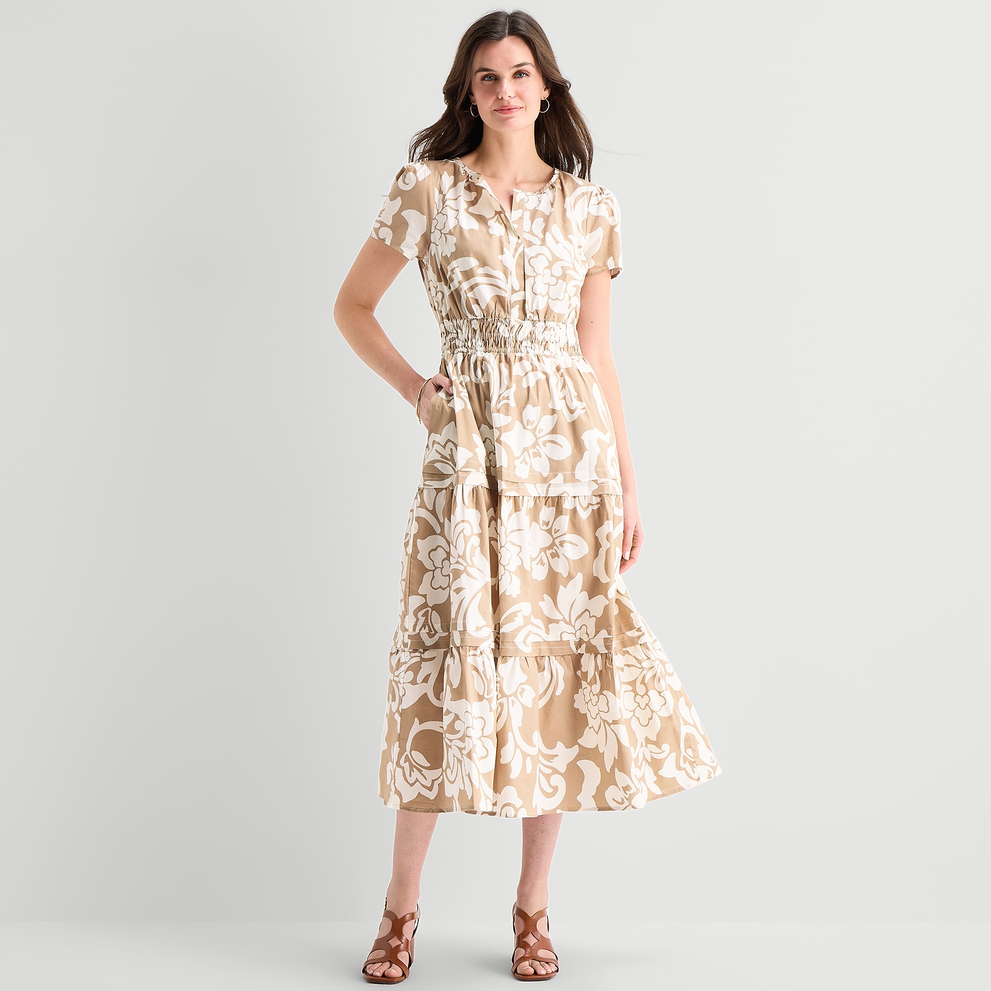 RUBY + REMI Womens Midi V Neck Short Sleeve Fitted Floral Fit Flare Dress