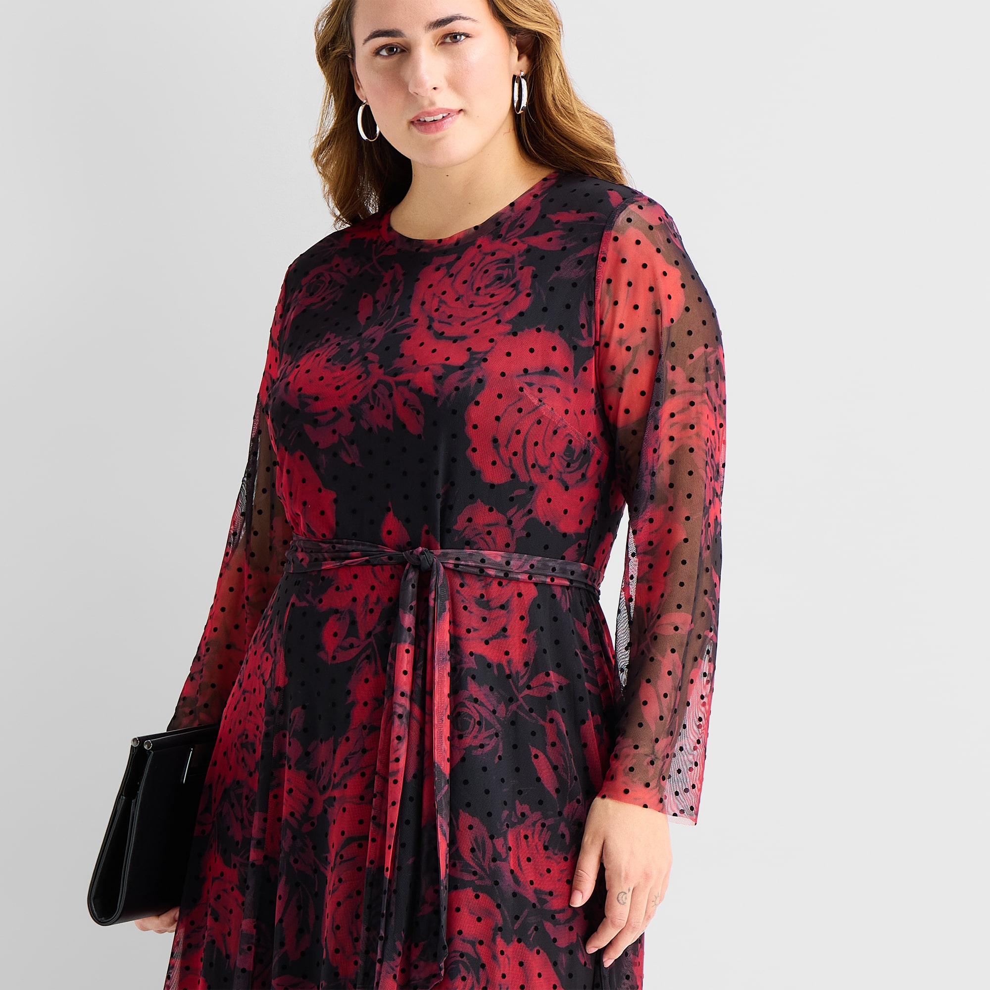 Sandra Darren Womens Plus Midi Round Neck Long Sleeve Fitted Floral Fit + Flare Dress
