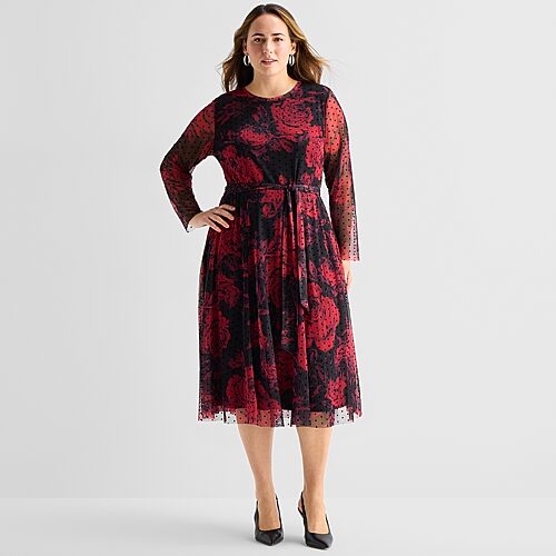 Sandra Darren Womens Plus Midi Round Neck Long Sleeve Fitted Floral Fit + Flare Dress In Black