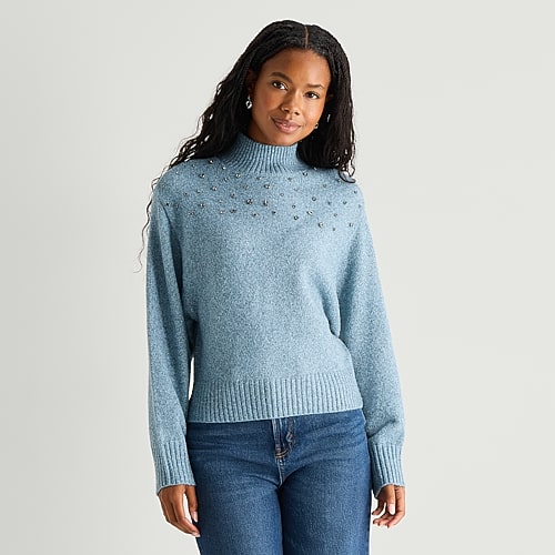 Ana Womens Mock Neck Long Sleeve Pullover Sweater In Blue