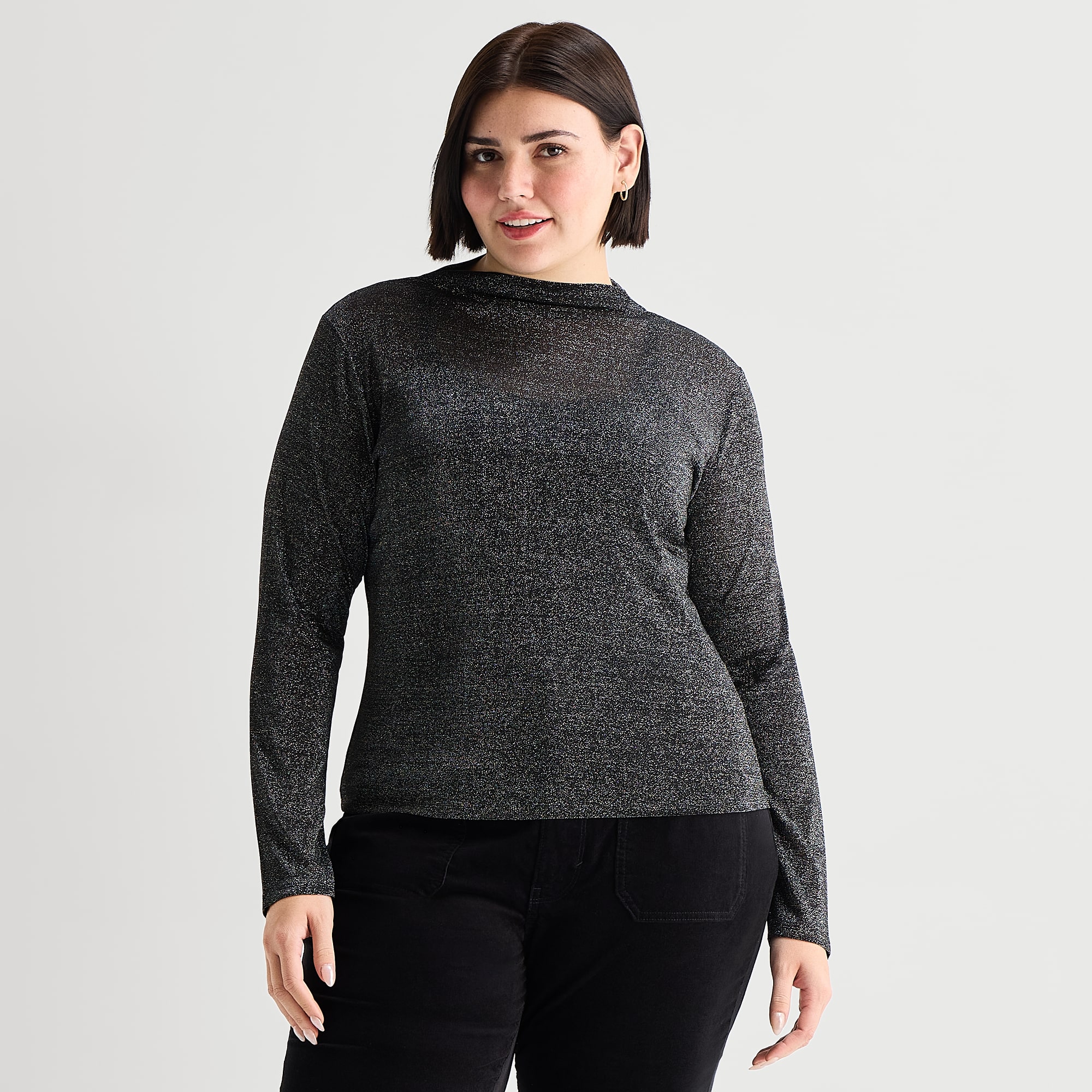 A.N.A Shine Womens Plus Funnel Neck Long Sleeve T-Shirt