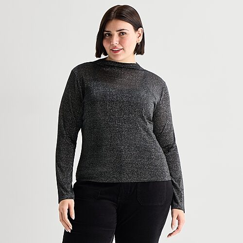 A.N.A Shine Womens Plus Funnel Neck Long Sleeve T-Shirt, 4x, Black