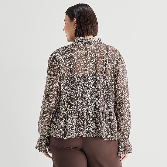 A.N.A Womens Plus Split Tie Neck Long Sleeve Blouse